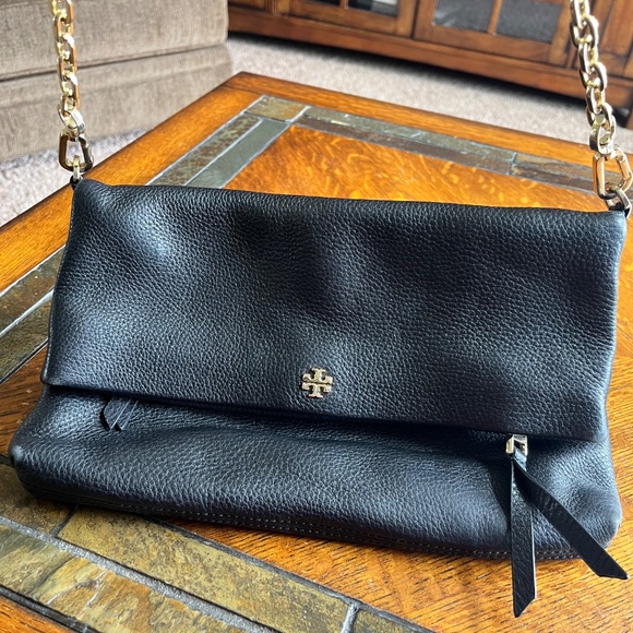 Tory Burch Black Pebbled Leather Fold Over Shoulder Bag - Picture 3 of 6